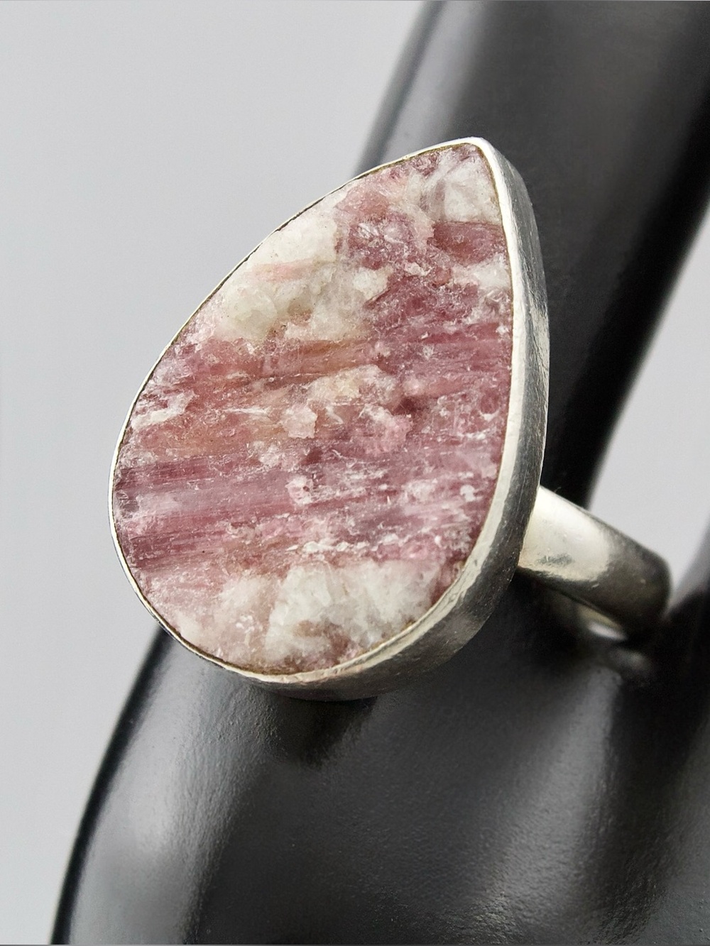Raw Lepidolite Sterling Silver Ring Size 8.5 Large Purple Teardrop Crystal